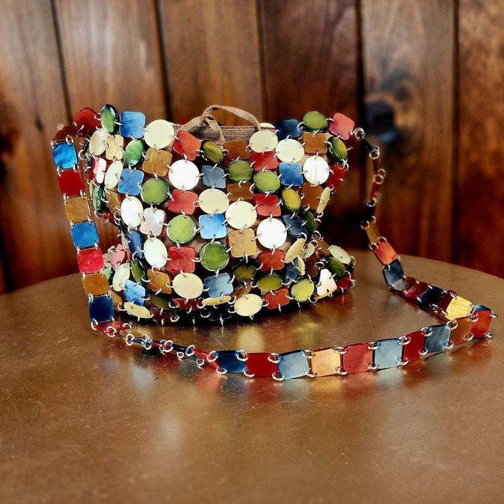 Rare 1960s BOTTEGA VENETA Boho Pearlized Lucite Linked Tile Tote Shoulder Bag